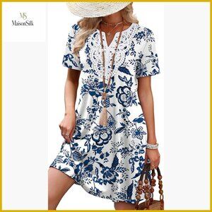 Casual V-Neck T-Shirt Dress with Lace Trim, Polyester Spandex, Above Knee
